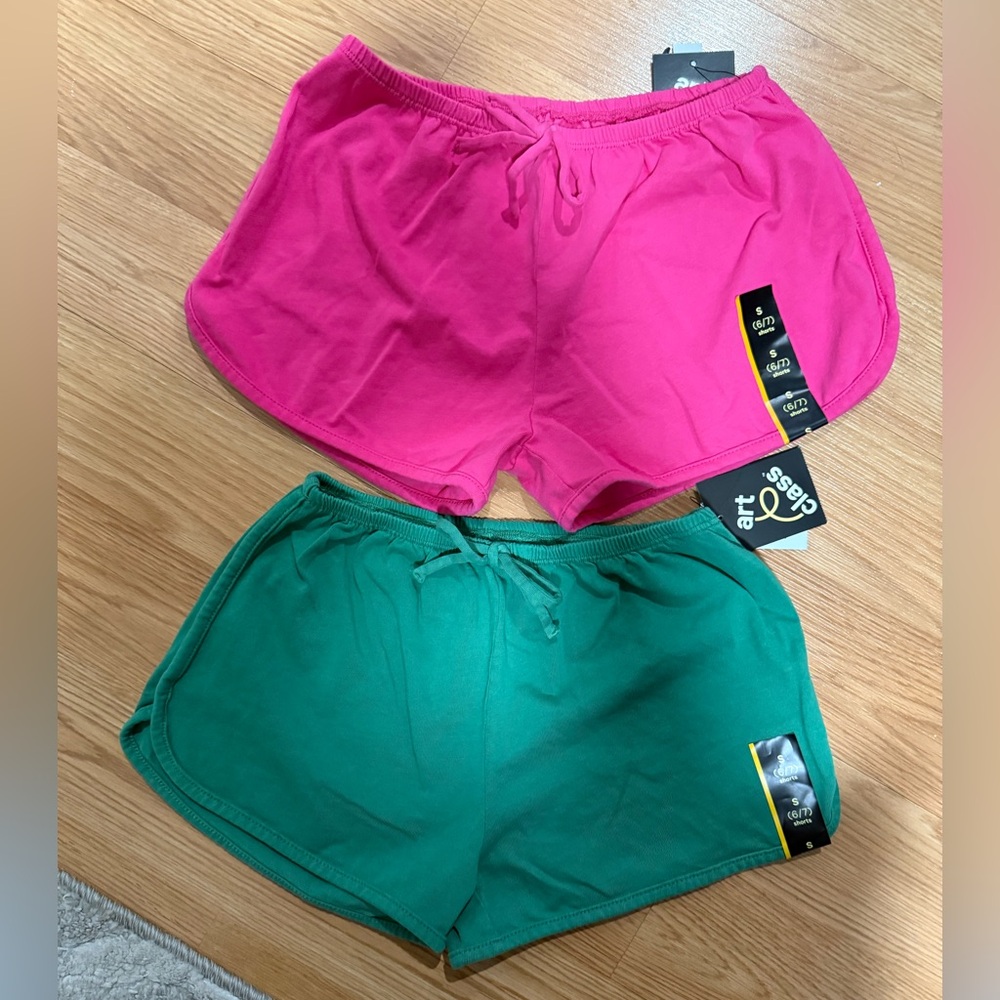 Girls Set Of 2 Green And Pink Shorts Size Large, Small NEW Art Class …36